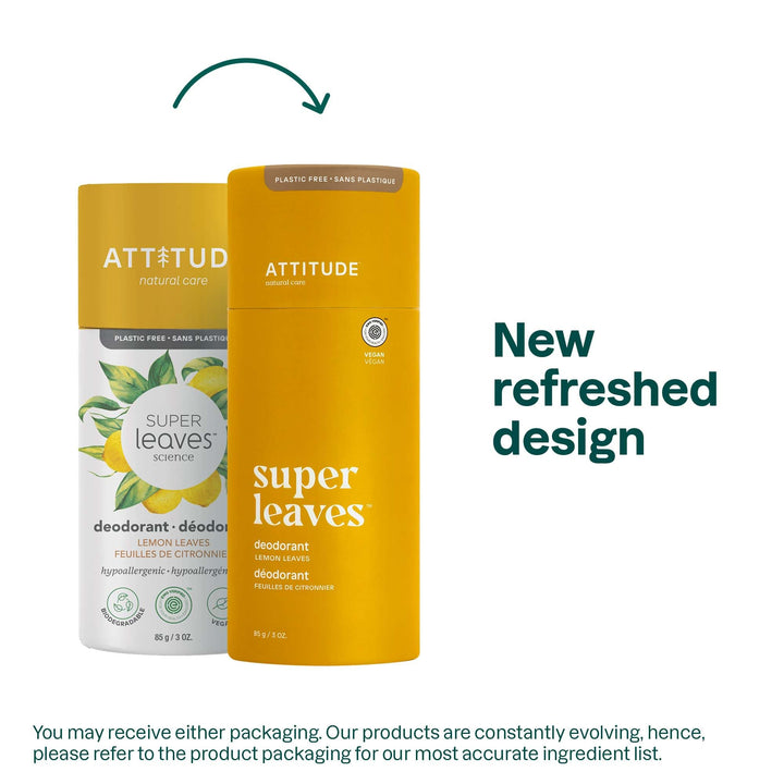 ATTITUDE Plastic-Free Natural Deodorant, Biodegradable Cardboard Tube, Aluminum-Free and Hypoallergenic, Lemon Leaves, 3 Oz (Packaging May Vary) (11992)