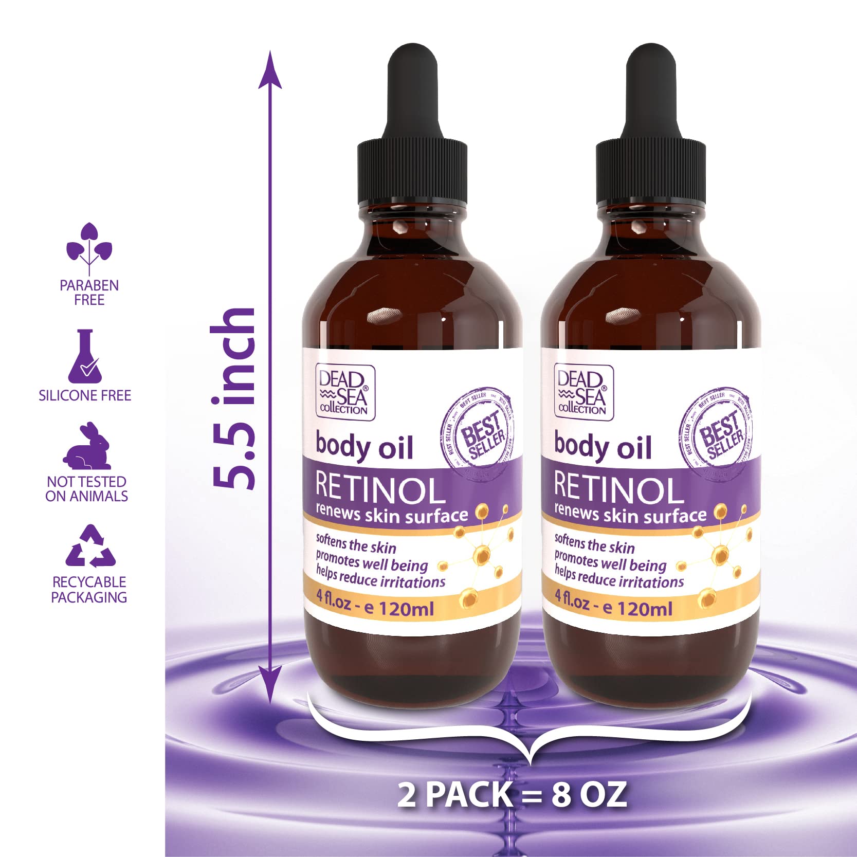 Dead Sea Collection Body Oil for Dry Skin - Retinol & Vitamin E, A Moisturizing Oil for Face, Anti-Aging - Skin Elasticity Support, Renews Skin Surface & Softens Pack of 2 (4 Fl. Oz Each)