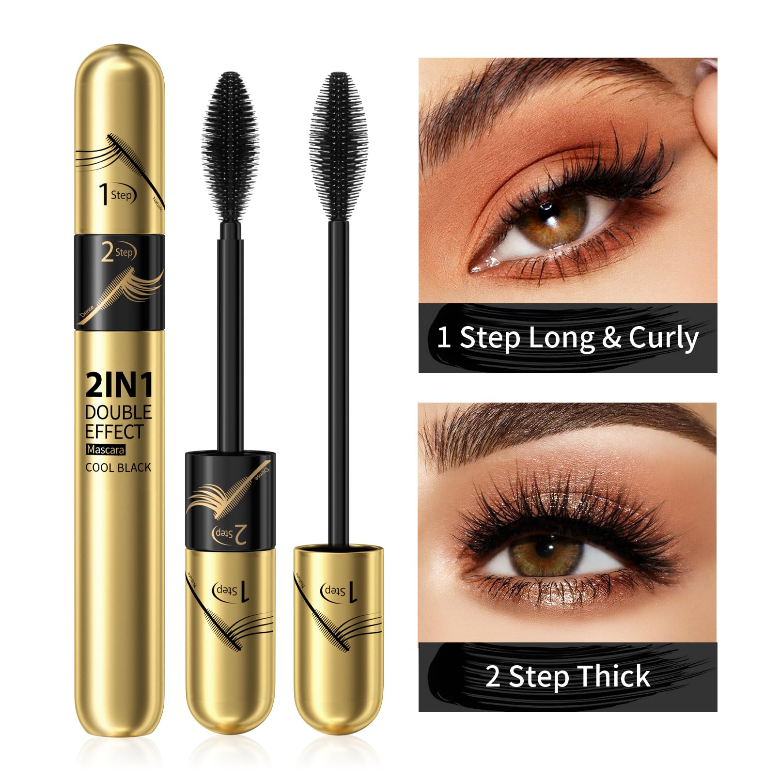 2pcs 2 in 1 Double Black 4D tubing Mascara Volume and Length, Silk Fiber Lash Liquid Extension 5X Longer, Smudge Proof Waterproof and Sweat Resistant Fuller Mascara (2pcs)
