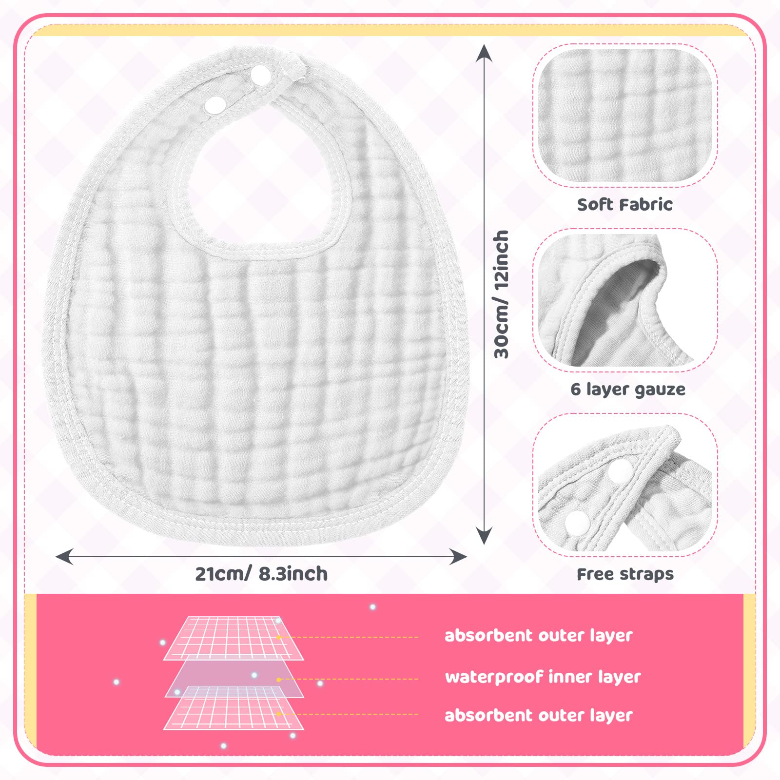 Frienda 6 Pcs Muslin Bibs Baby Burping Cloth Teething Bibs Bandana Bibs 6 Absorbent Layers Muslin Bibs for 6 Month+ Baby (Pink Series)