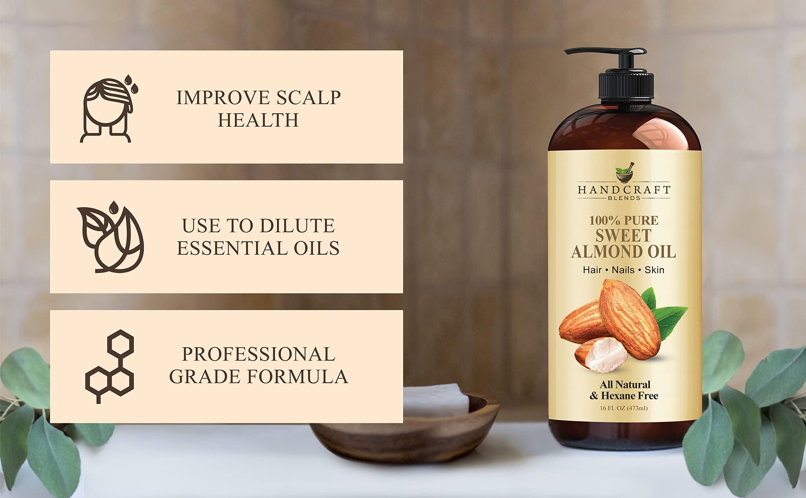 Handcraft Blends Sweet Almond Oil - 16 Fl Oz - 100% Pure and Natural - Premium Grade Carrier Oil for Skin and Hair - Hair and Body - Massage - Hexane-Free