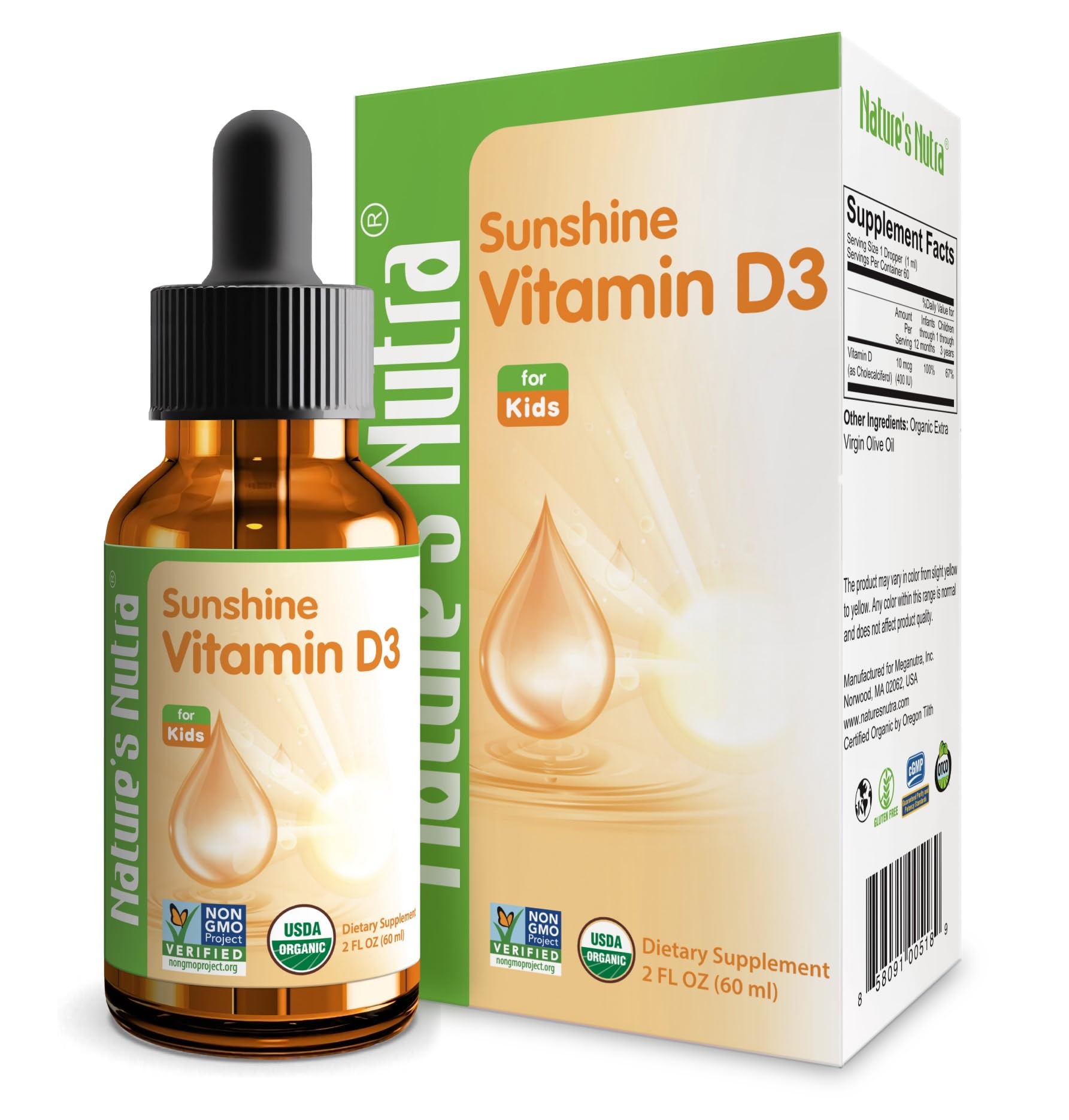 Nature's Nutra Sunshine Vitamin D3 400IU, 2 Fl. Oz (60ml), Premium Baby and Infant Liquid Drops, Toddlers Kids Children Multivitamin Supplement, Non-GMO, Plant Extract