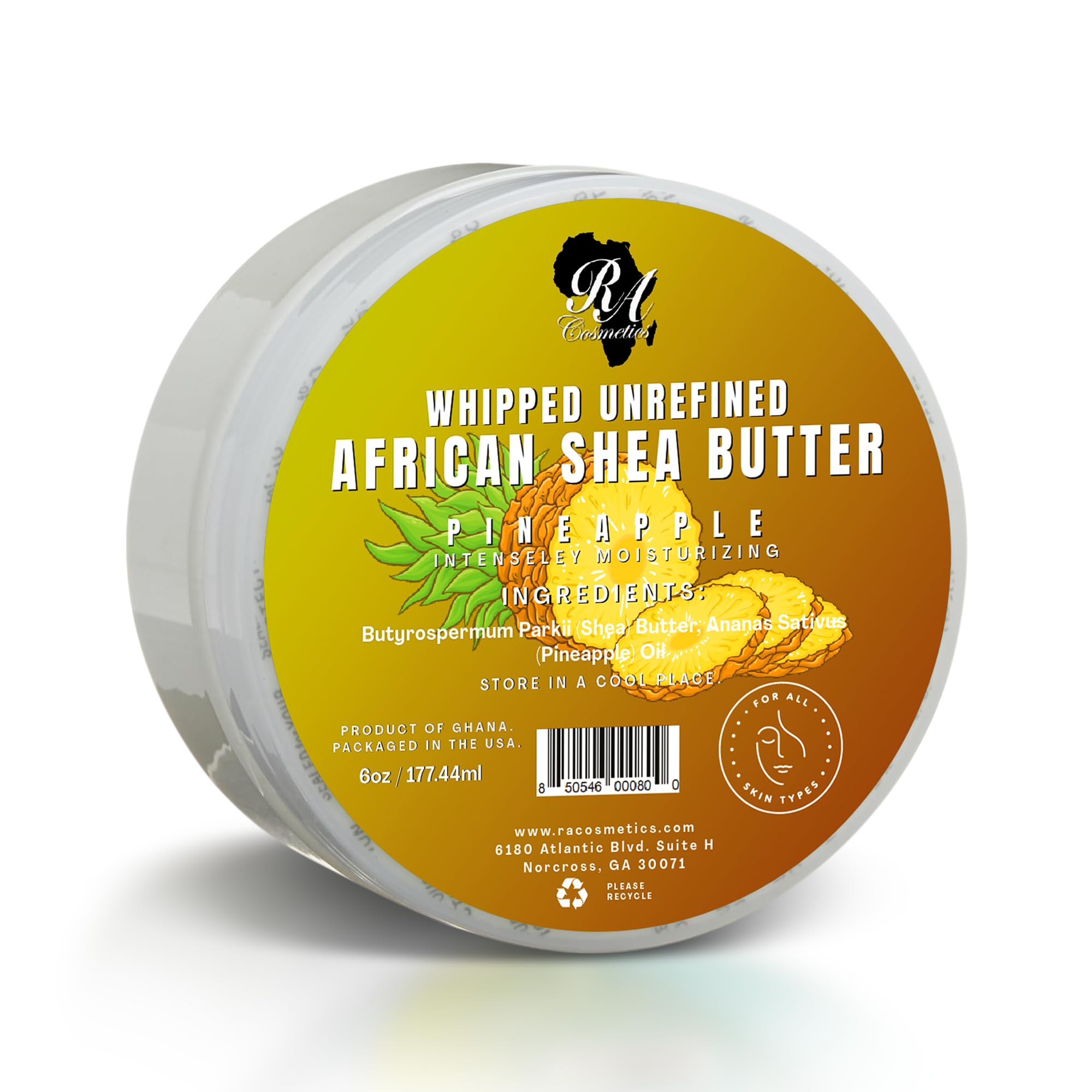 RA COSMETICS Whipped Shea Butter Pineapple - 6oz | 100% Pure & Natural African Shea Butter for Men & Women - Ultimate Handcrafted Moisturizer with Essential Vitamins for Radiant Skin