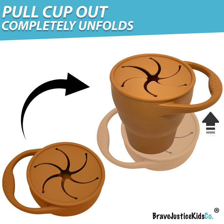 BraveJusticeKidsCo | Snack Attack Snack Cup | Collapsible Silicone Snack Container | Toddler and Baby Snack Catcher Lid (Honey Ginger)