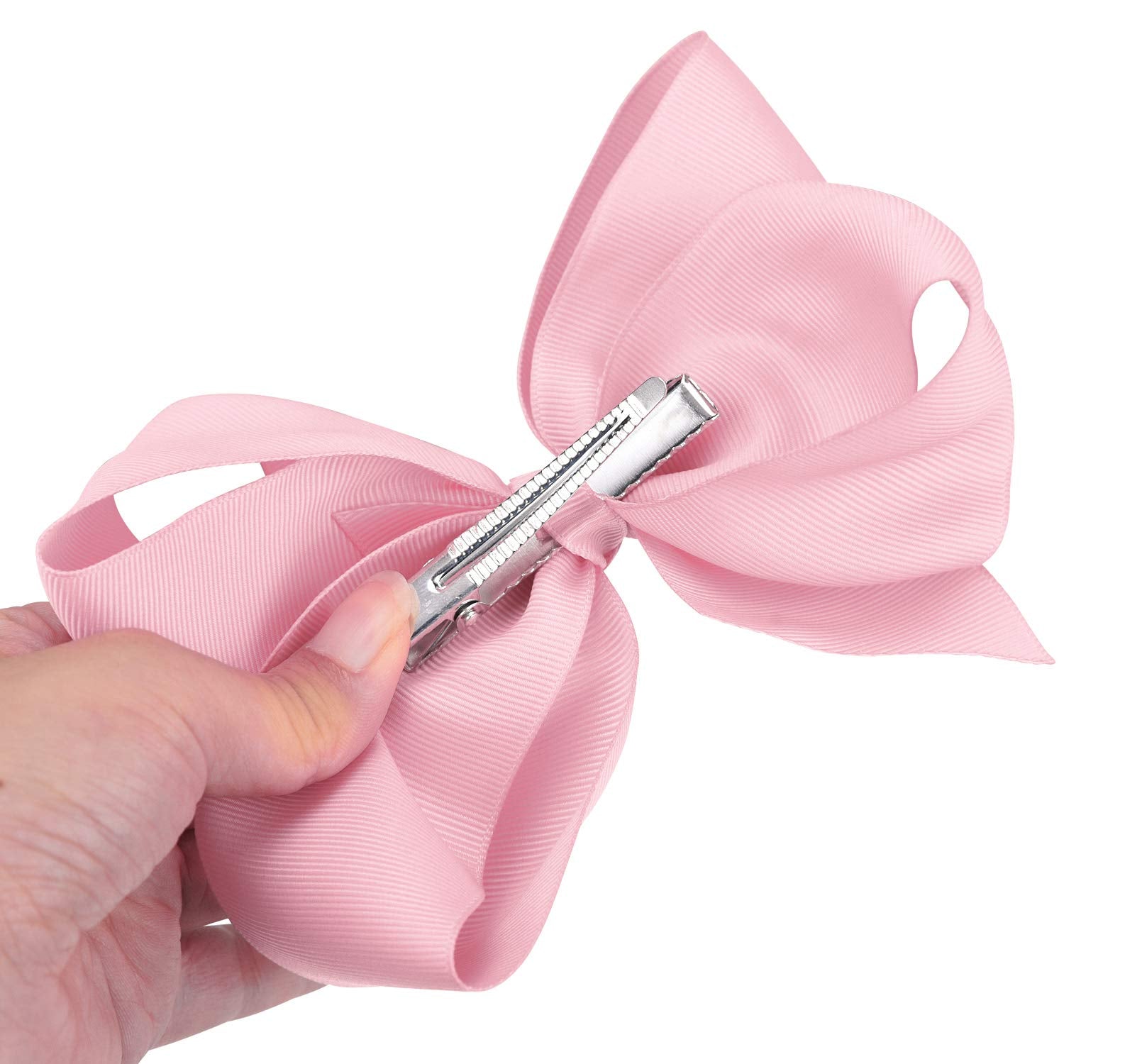 DEEKA 2 PCS 6 Big Hand-made Grosgrain Ribbon Solid Color Hair Bows Alligator Clips Hair Accessories for Little Teen Toddler Girls Kids Set of 2 -Light Pink
