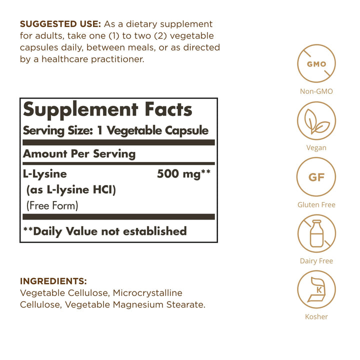 Solgar L-Lysine 500 mg - 100 Vegetable Capsules, Pack of 3 - Skin & Tissue Support - Non-GMO, Vegan, Kosher, Gluten Free - 300 Total Servings