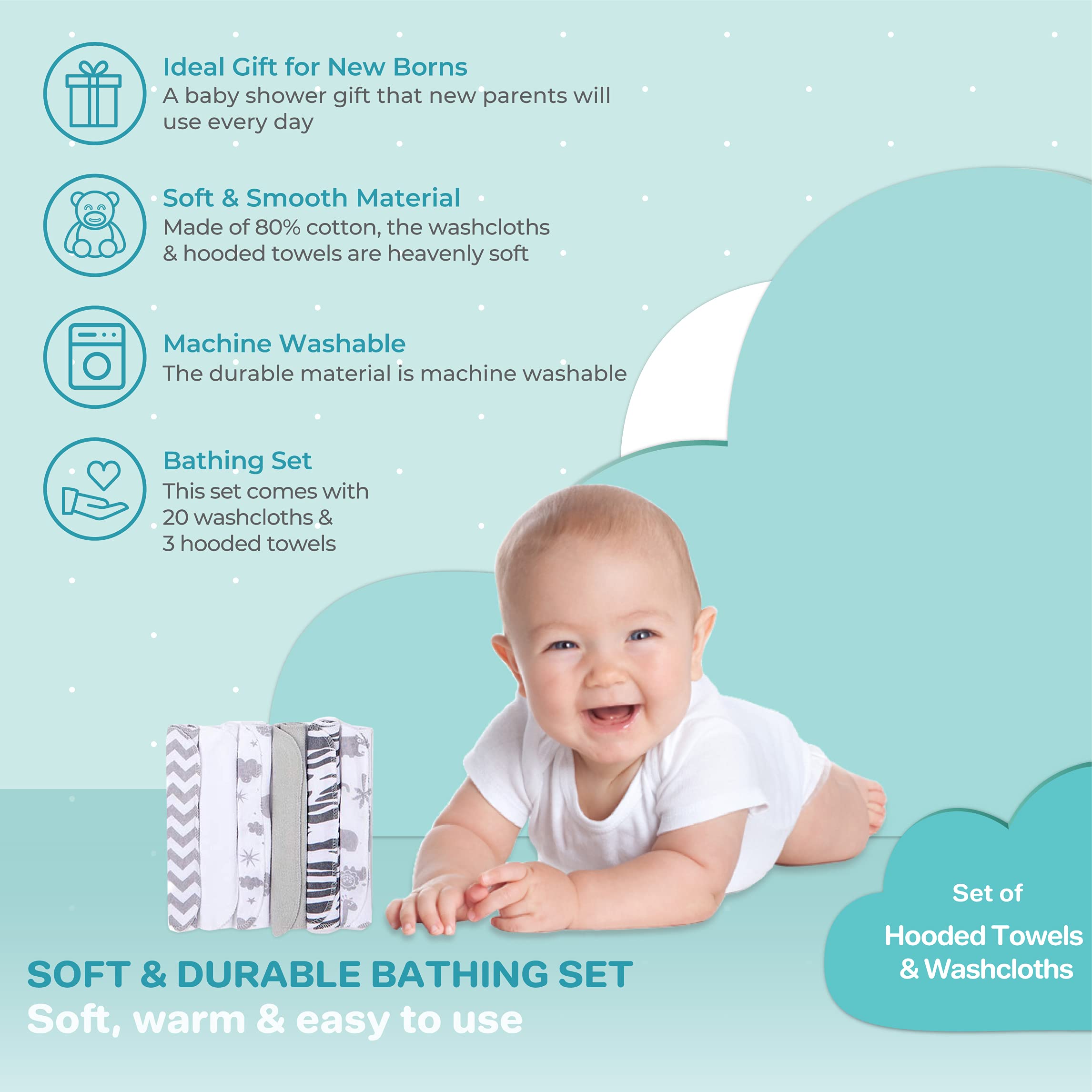 Spasilk 23-Piece Soft Terry Hooded Bath Towel and Washcloth Gift Set, 3 Baby Towels and 20 Baby Washcloths for Unisex Newborn Bath Essentials, Ideal, White Zebra