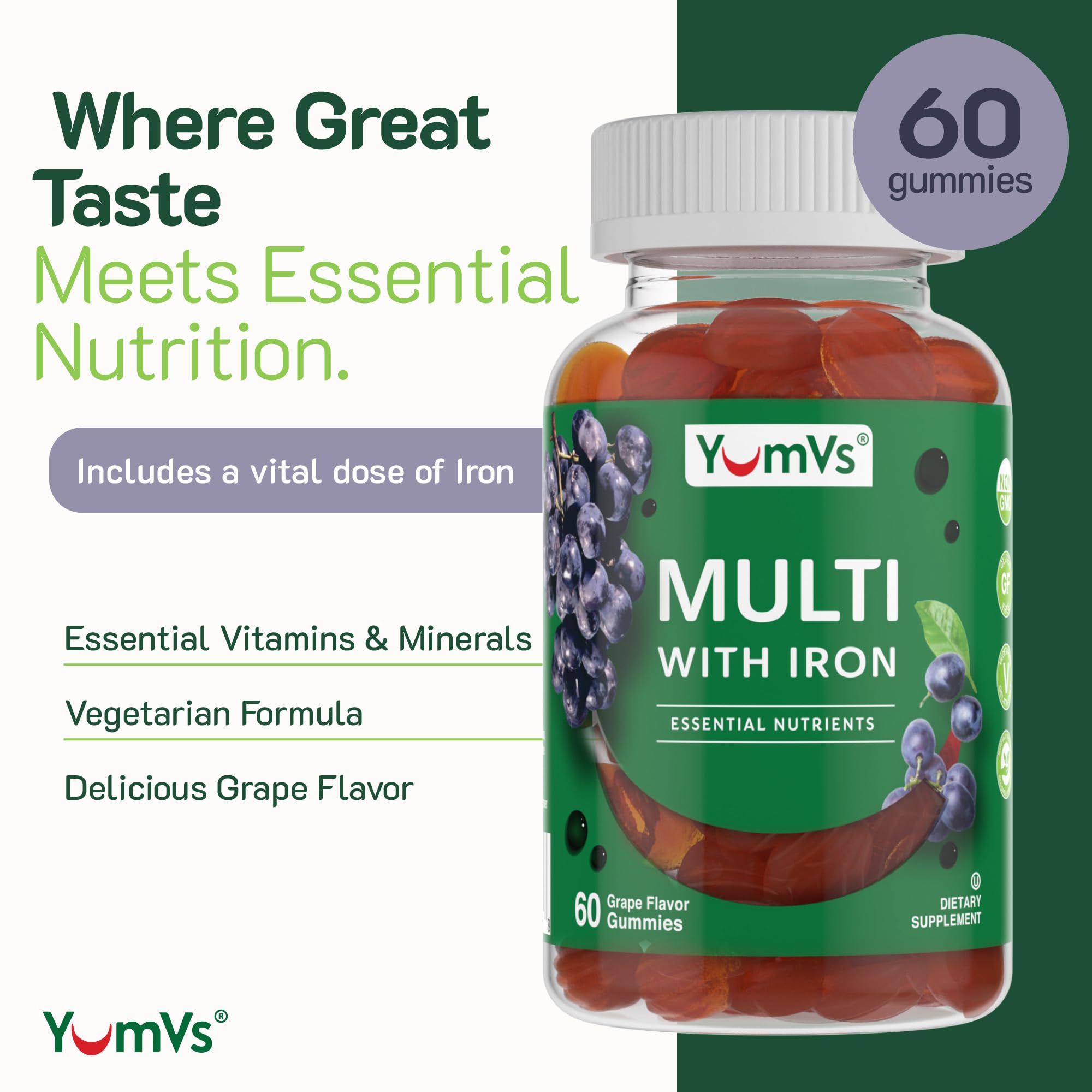 YumVs Multivitamin Gummies with Iron - Grape Flavor - Vegetarian Kosher Multi Vitamins for Adults with Vitamin A C B6 B12 Biotin Zinc - No Calcium - Mens/Womens Multivitamin with Iron Gummy (60 Count)