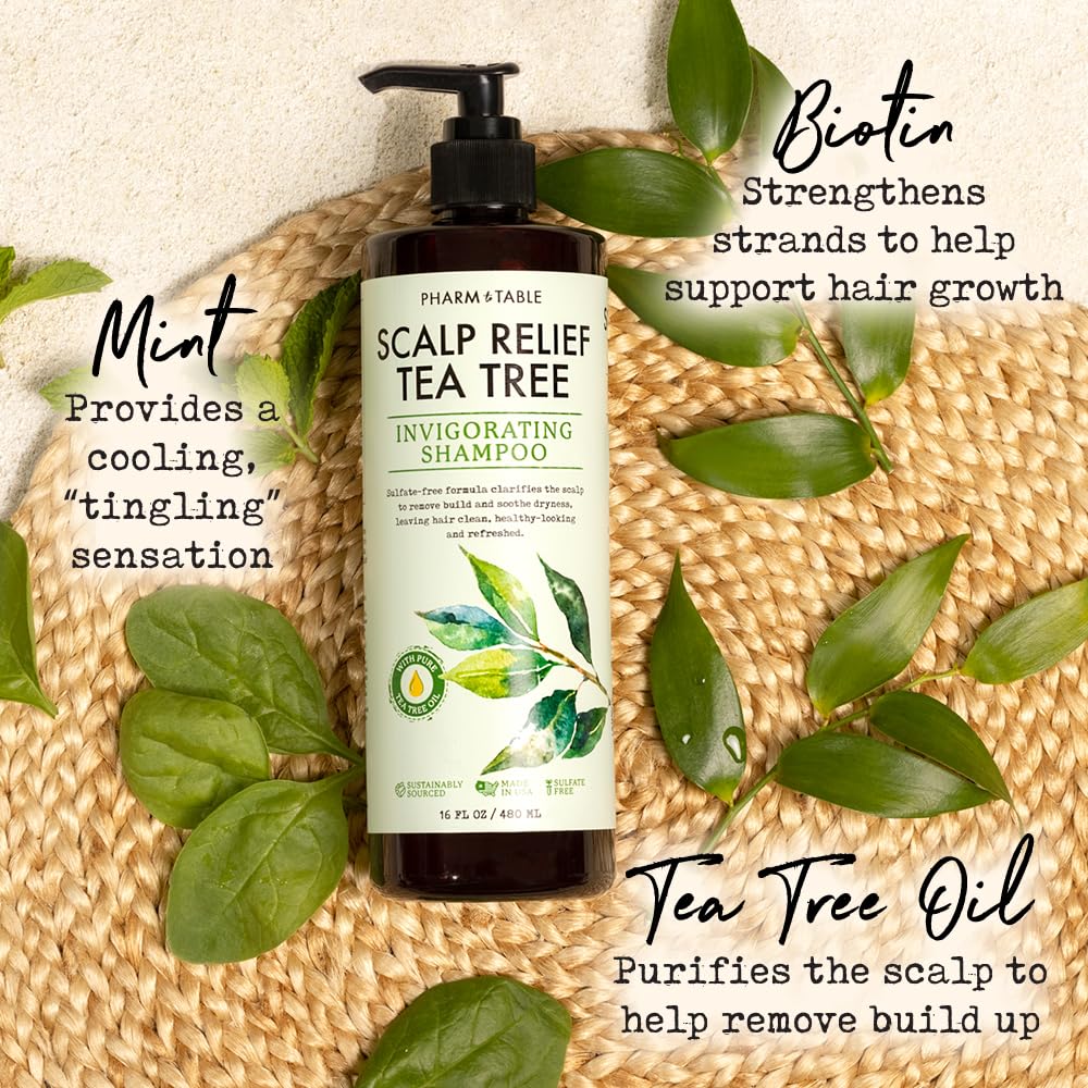 PHARM TO TABLE Tea Tree Shampoo For Men and Women, Deep Cleansing Sulfate-Free Formula - Relief for Dry Itchy Scalp - Infused with Tea Tree oil, Mint, Biotin and Vitamin E, 16.2oz