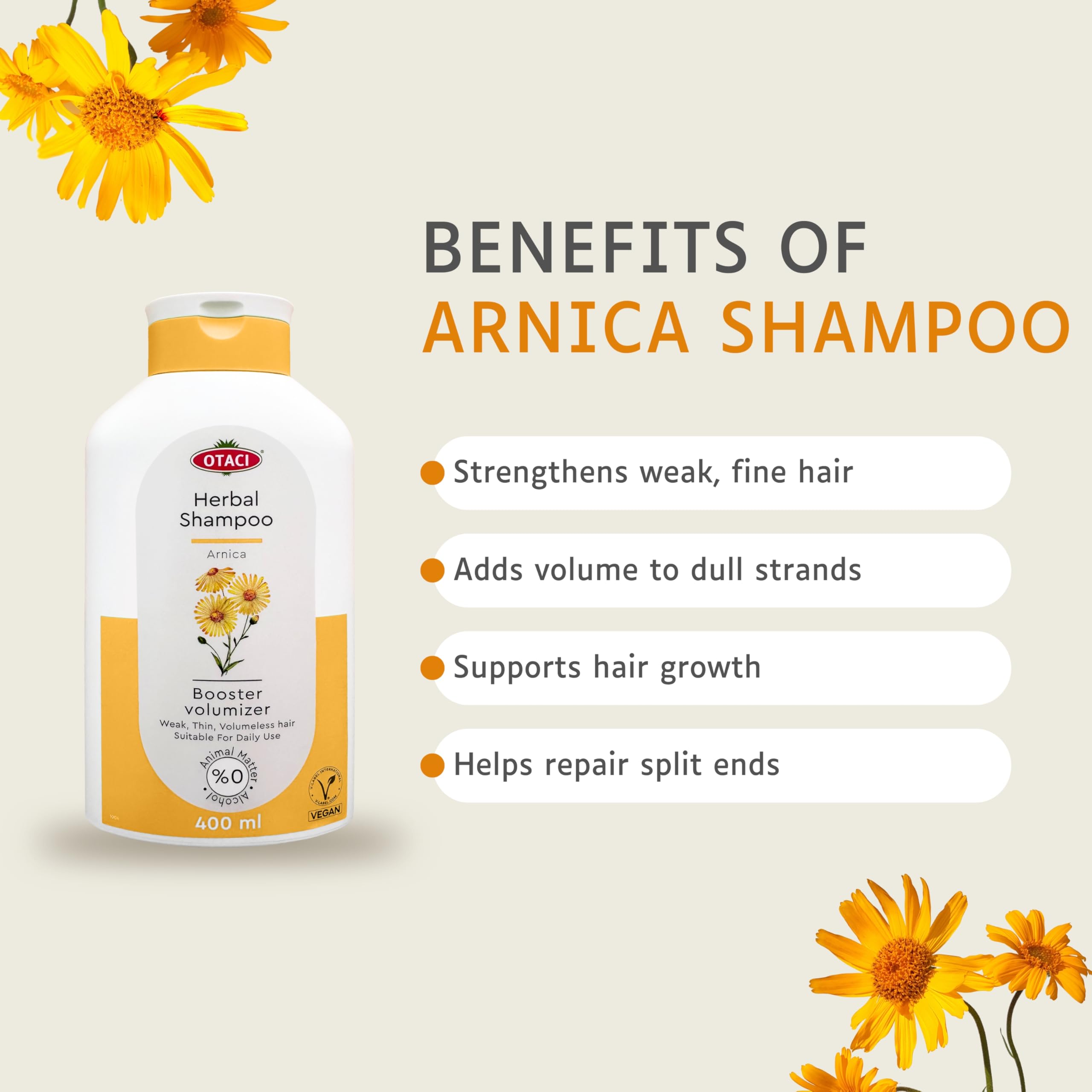 OTACI Herbal Strengthening and Volumizing Shampoo with Arnica, Everyday Use For Weak, Fine, and Flat Hair, Horsetail, Ginseng, Provitamin B5, No Paraben, No Silicon, No Alcohol 13.5 Fl Oz