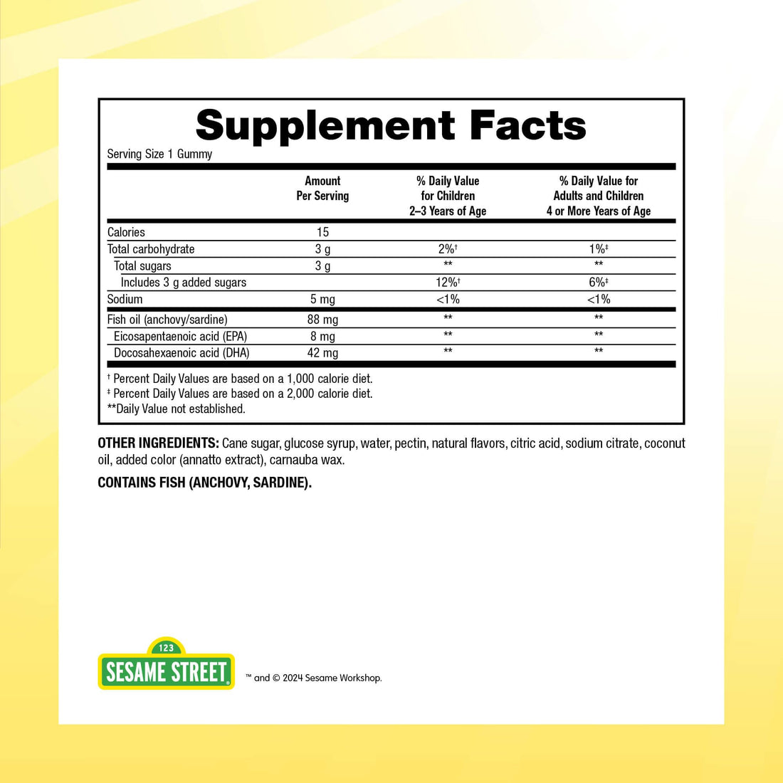 Sesame Street Omega 3 Gummies for Kids, 120 Gummies, 4 Month Supply, No Fishy Aftertaste, Brain & Eye Support