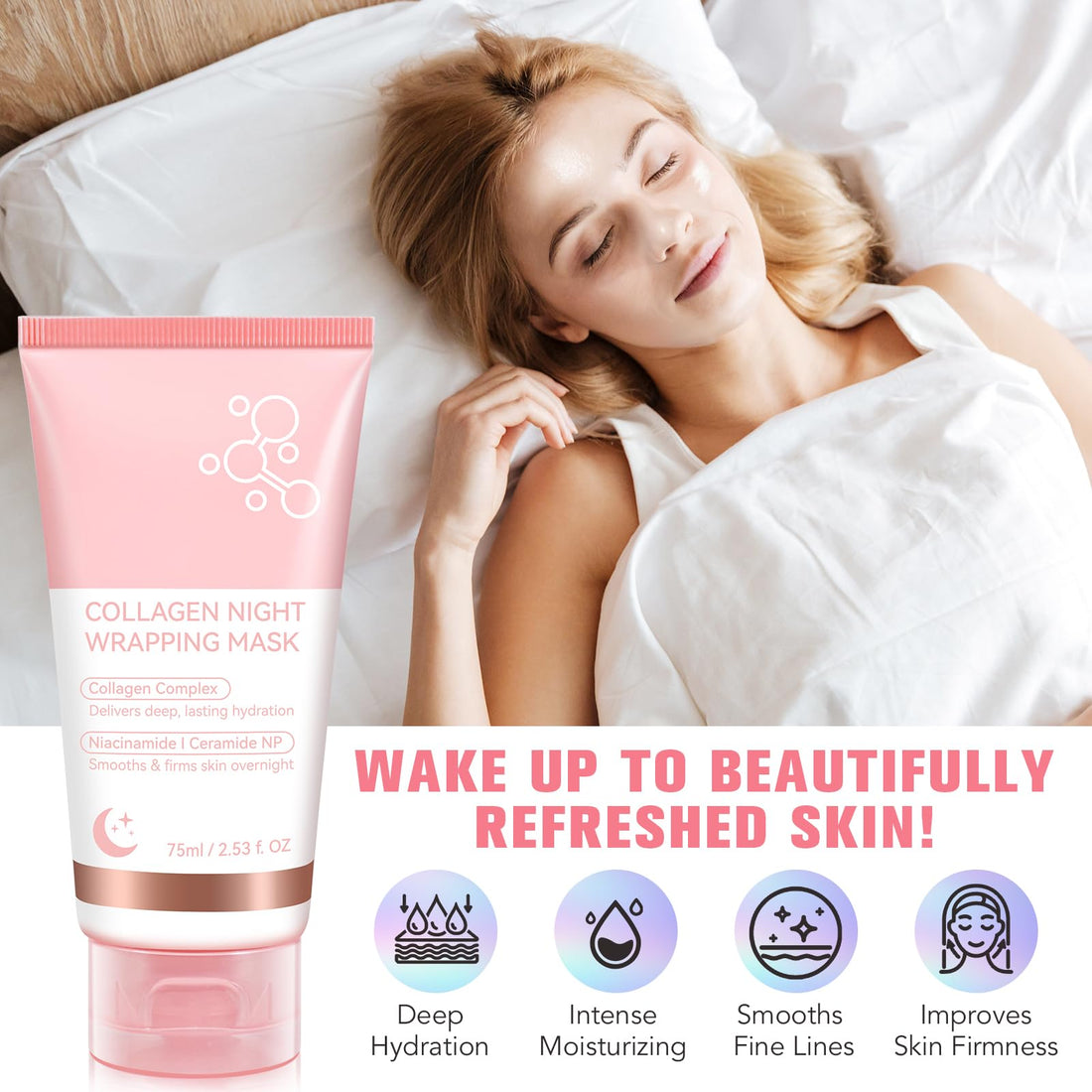 Collagen Night Wrapping Mask 2PACK, Overnight Peel Off Face Mask Wrapping, Collagen Face Mask with Brush, Hydrates Tightens Skin, Reduces Sagging, Elasticity & Hydration Care, 75ML*2
