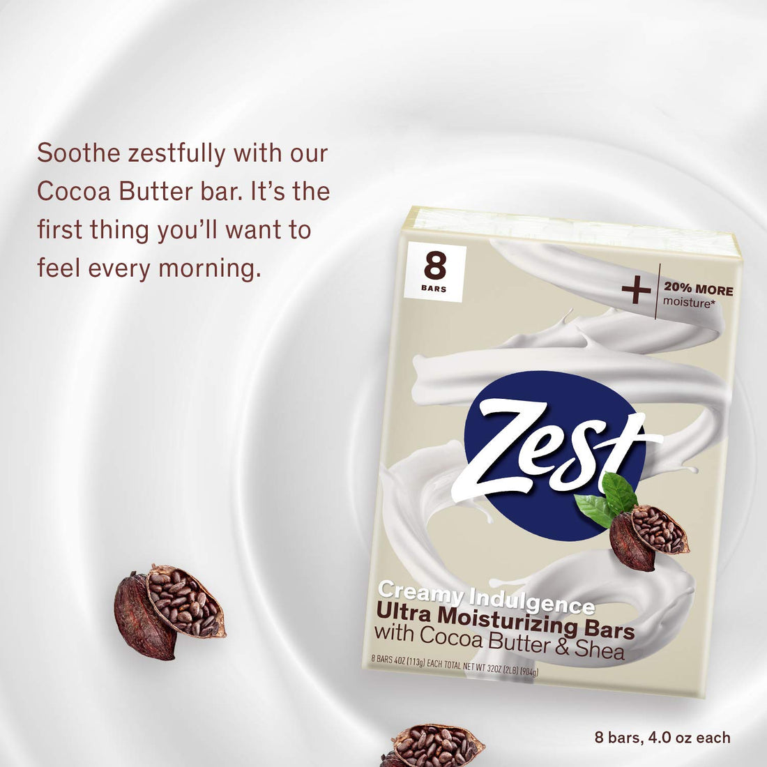 Zest Creamy Cocoa Butter & Shea Moisture-Rich Bar Soap, 4 Oz, 8 Count