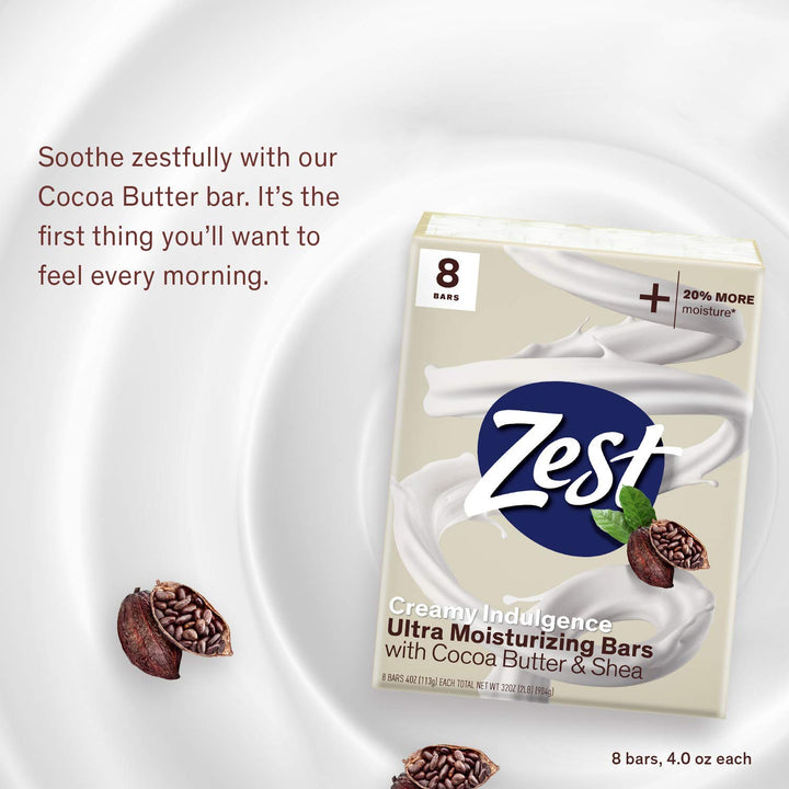 Zest Creamy Cocoa Butter & Shea Moisture-Rich Bar Soap, 4 Oz, 8 Count