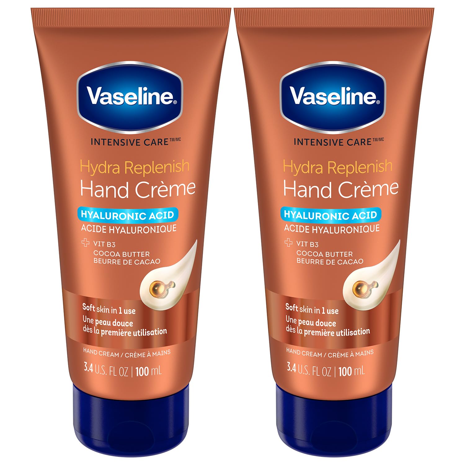 Vaseline Hand Cream 2-Pack – Hydra Replenish Hand Crème, Petroleum Jelly, Hyaluronic Acid, Cocoa Butter Lotion for Dry Skin with Vitamin B3, 3.4 Oz Ea