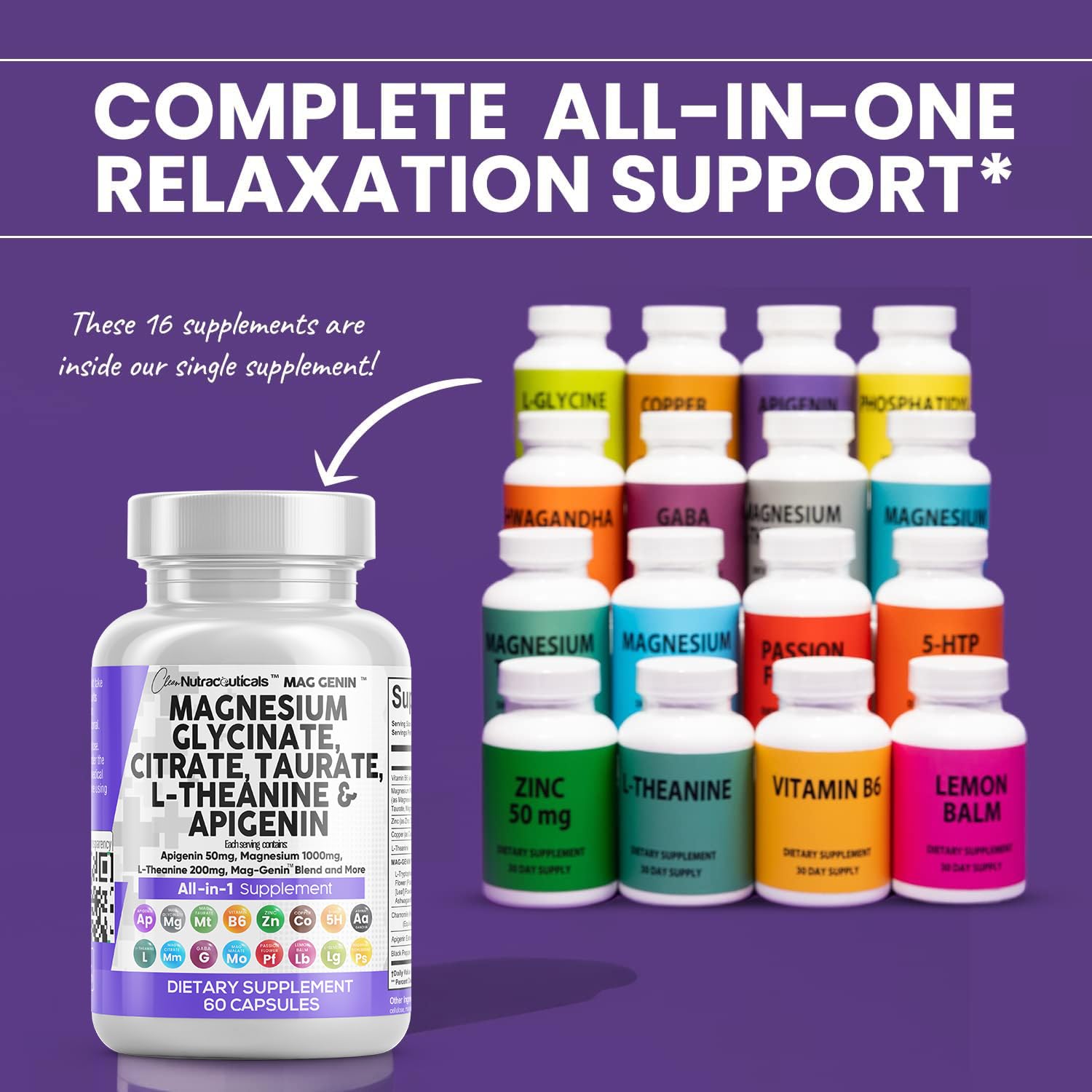 Clean Nutraceuticals Magnesium Glycinate Complex 1000mg with L-Theanine 200mg Apigenin 50mg Citrate Taurate Supplement - 5-HTP GABA Passion Flower Lemon Balm L-Glycine Phosphatidylserine - 60 Count