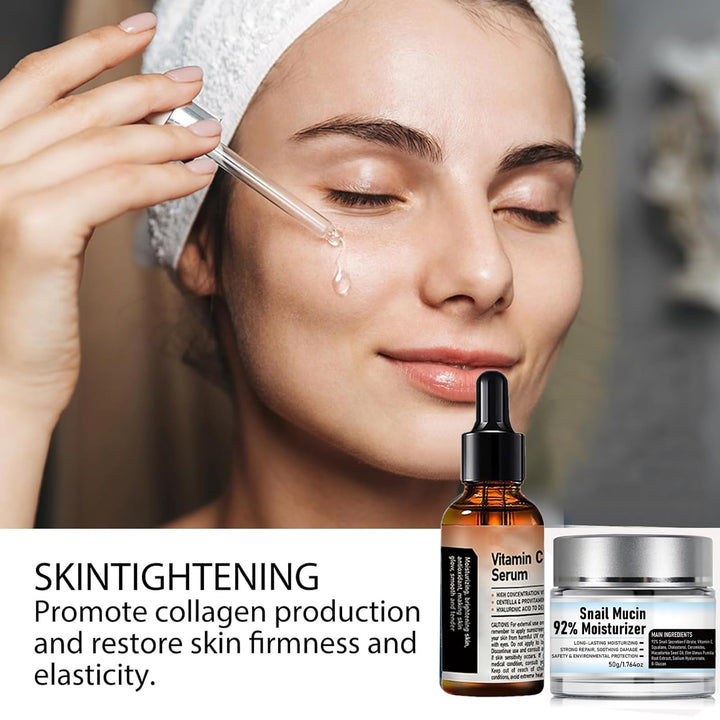 Crema De Baba De Caracol Original, Vitamin C Facial Serum, Snail Mucin 92% Moisturizer Daily Face Gel Cream, Advanced Snail 92 All in One Cream, Snail Mucin Moisturizer and Serum (set, 1)