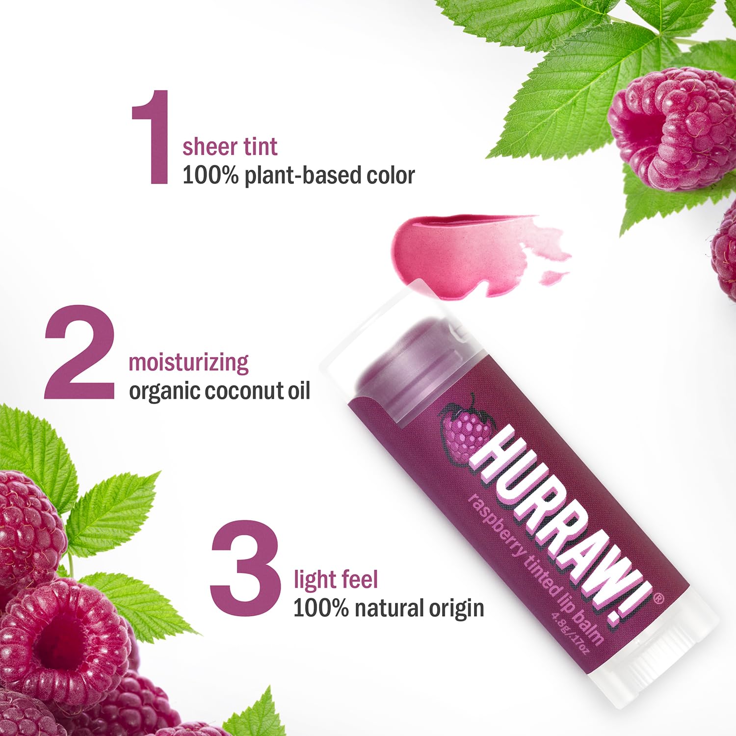 Hurraw! Raspberry Tinted Lip Balm, 3 Pack: (Sheer Berry Tint) Organic, Certified Vegan, Cruelty and Gluten Free. Non-GMO, 100% Natural Ingredients. Bee, Shea, Soy and Palm Free. Made in USA