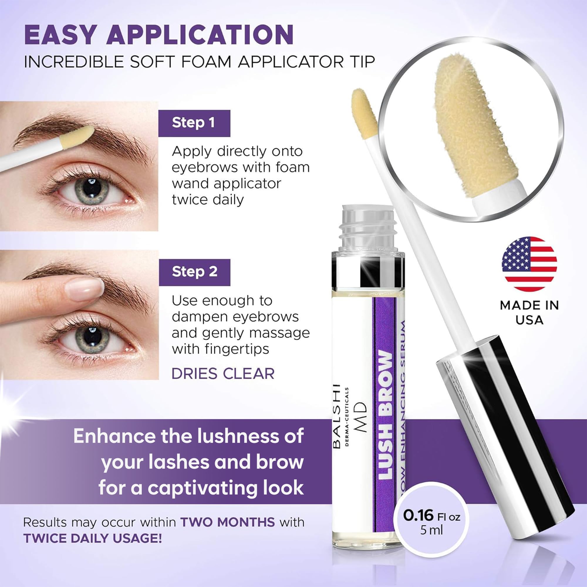 LUSH BROW Eyebrow & Eyelash Growth Serum - Dermatologist Developed Brow & Lash Growth Enhancer To Grow Full, Sexy Eyelashes & Eyebrows .16 oz/5mL