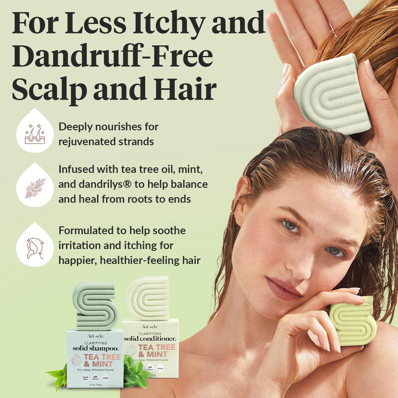 Kitsch Tea Tree & Mint Shampoo and Conditioner Bar Set, Hair Color Safe, Zero Waste, Vegan, Eco Friendly, Made in US, For All Hair Types, Paraben Free & Sulfate Free - 2pcs