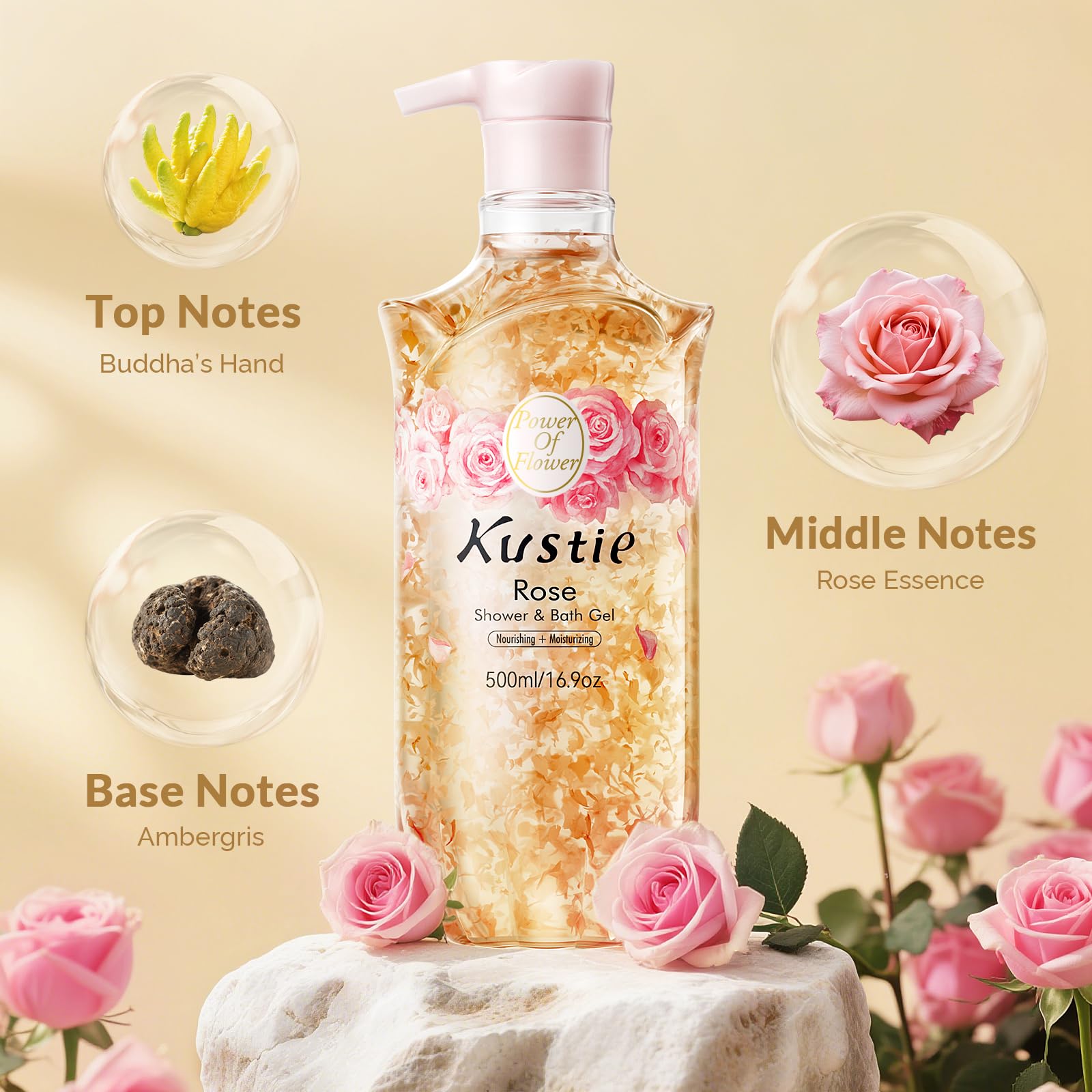 KUSTIE Rose Body Wash for Women & Men, Natural Petals & Essential Oils, 24H Fragrance & Moisturizing Deep Cleanse Shower Gel for Sensitive & Dry Skin with Pump Bottle, 16.9 oz