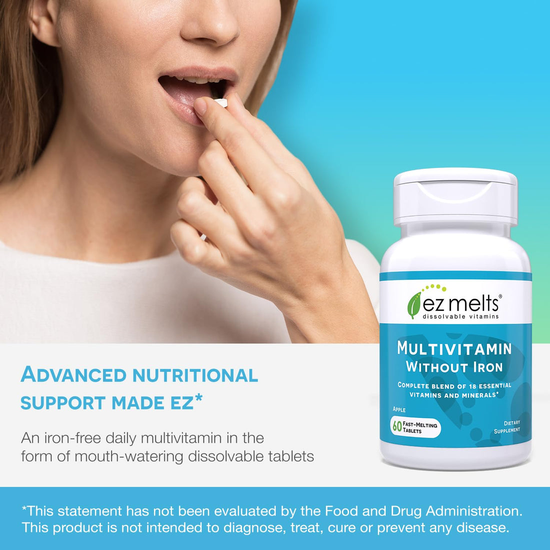 EZ Melts Dissolvable Multivitamin Without Iron, 18 Vitamins and Minerals Including Vitamin A and C, Biotin, B12, D3, Zinc and More, Sugar-Free, 1-Month Supply