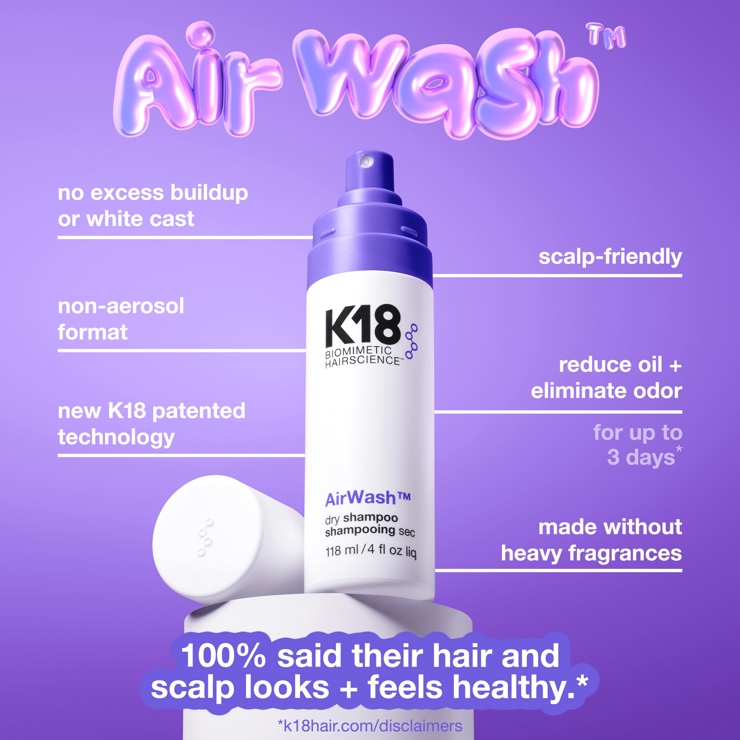 K18 AirWash™ Dry Shampoo, Non-Aerosol, Balances Scalp & Controls Excess Oil Production, 4 Fl Oz