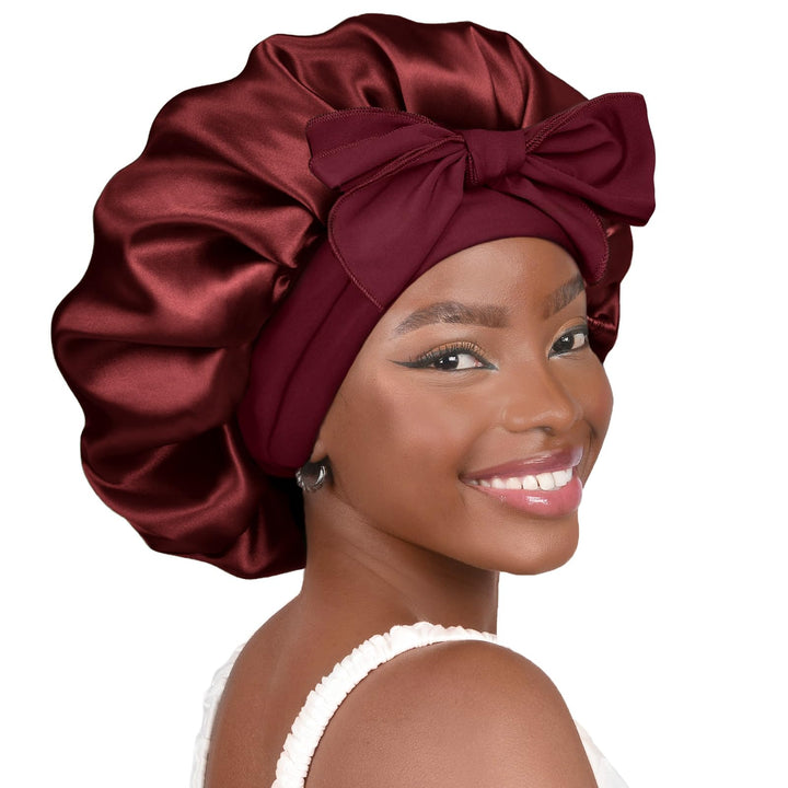 YANIBEST Silk Bonnet for Sleeping Women Adjustable Double Layer Satin Bonnet Reduce Friction Prevent Frizz Natural Curly Hair, Bonnetband-Burgundy