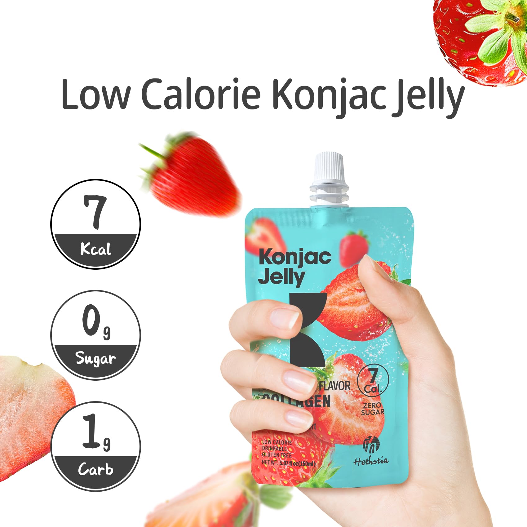 Hethstia Konjac Jelly Strawberry Flavor with Collagen Peptides – 10 Pack Drinkable Strawberry Jelly Squeeze Pouches, 7 Kcal, 0 Sugar, Keto, Gluten-Free, Vitamin C Healthy Snacks & Food Gifts