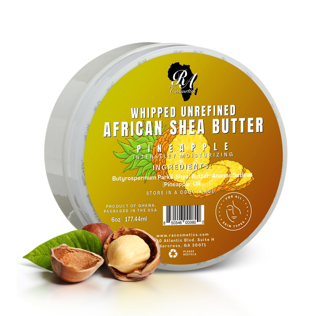 RA COSMETICS Whipped Shea Butter Pineapple - 6oz | 100% Pure & Natural African Shea Butter for Men & Women - Ultimate Handcrafted Moisturizer with Essential Vitamins for Radiant Skin