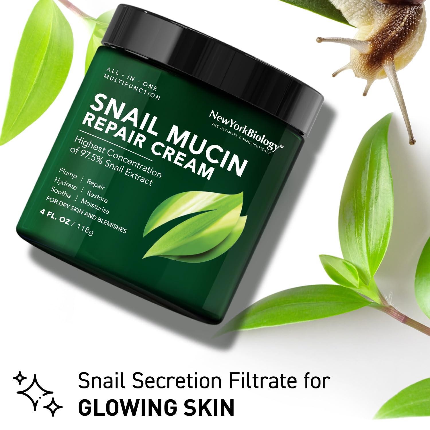 New York Biology 97.5% Korean Snail Mucin Moisturizer - Face Cream 4 Fl Oz - 100 g - Face Moisturizer for Dry Skin - Skin Care Moisturizing and Hydrating Facial Moisturizer