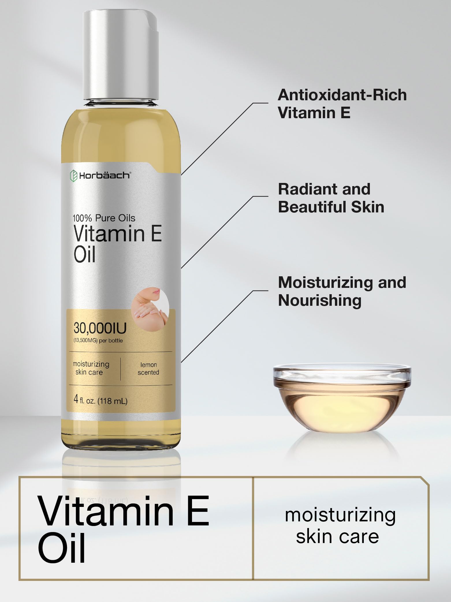 Horbäach Vitamin E Oil For Skin and Face | 30,000 IU | 4 fl oz | 100% Pure Oils | Moisturizing Skin Care | Non-GMO, Vegetarian | Lemon Scented