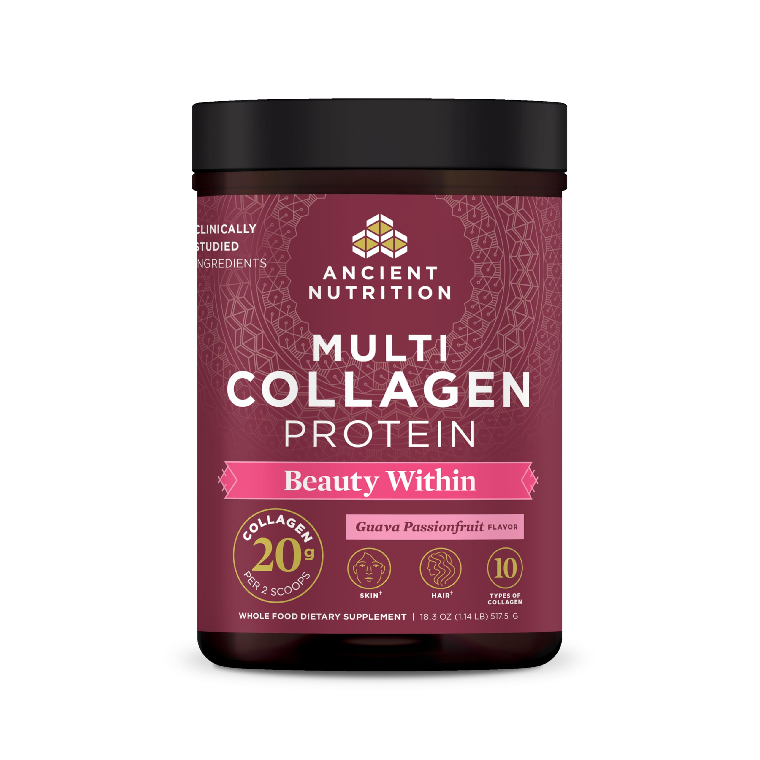 Ancient Nutrition Collagen Powder Protein, Multi Collagen Protein Beauty Within, Guava Passionfruit with Vitamin C, Hydrolyzed Collagen Peptides Supports Healthy Skin and Nails, 18.3oz