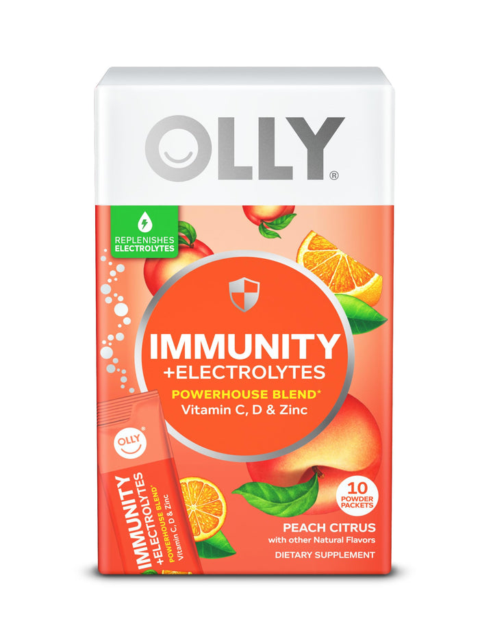 OLLY Immunity + Electrolytes Powder, Immune & Hydration Support, Vitamin C, D, Zinc, Drink Mix, Citrus Peach - 10 Count