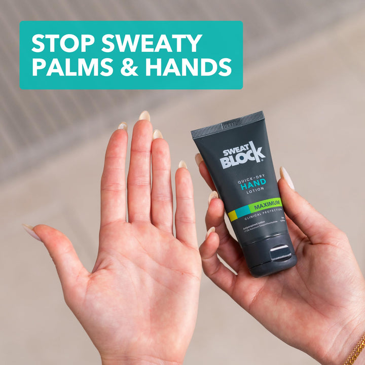 SweatBlock Antiperspirant Hand Lotion for Men & Women | Quick-Dry Hyperhidrosis Aid to Stop Excessively Sweaty Palms | Non Irritating | Dermatologist Tested Formula | Travel Size 1.69 fl oz