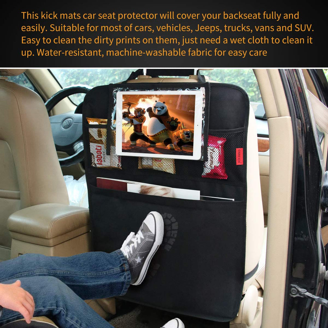 Kaiphy Car Backseat Organizer Premium Quality Car Kick Mats with 10 Tablet Holder - Extra Large Pocket- Sturdy Top 2Pack