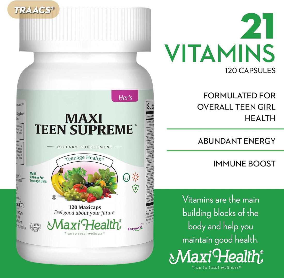 Maxi Health Teen Supreme Hers Vitamins for Teen Girls (120) - Women's Multivitamin for Energy, Immune Boost, Body & Brain Growth - Womens Multi Vitamins Including D3, Iron, Calcium, Digestive Enzyme