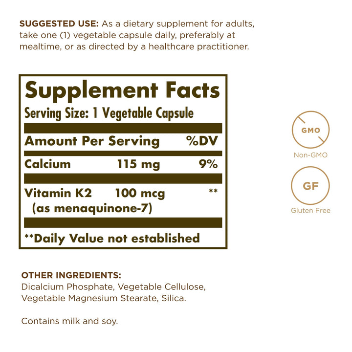 Solgar Naturally Sourced Vitamin K2 (MK-7) 100 mcg - 50 Vegetable Capsules, Pack of 4 - Supports Bone Health - Whole Food Source from Natto Extract - Non-GMO, Gluten Free - 200 Total Servings