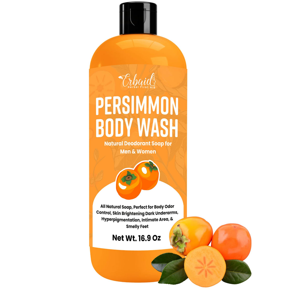 Healov Persimmon Body Wash for Body Odor Control – Natural Deodorant Soap for Eliminating Odor – Underarms, Intimate Inner Thigh, Bikini Area, Smelly Feet – Purifying Deodorizing Soap, Kids Safe