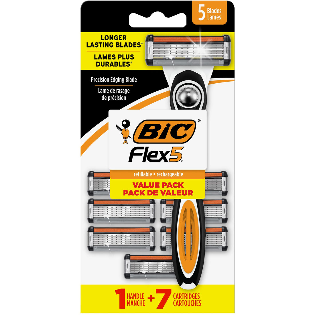BIC Flex 5 Men's Refillable with 5 Blade Razors, 1 Handle and 7 Cartridges, Straight Razors for Men with Precision Edging, 7-Pack
