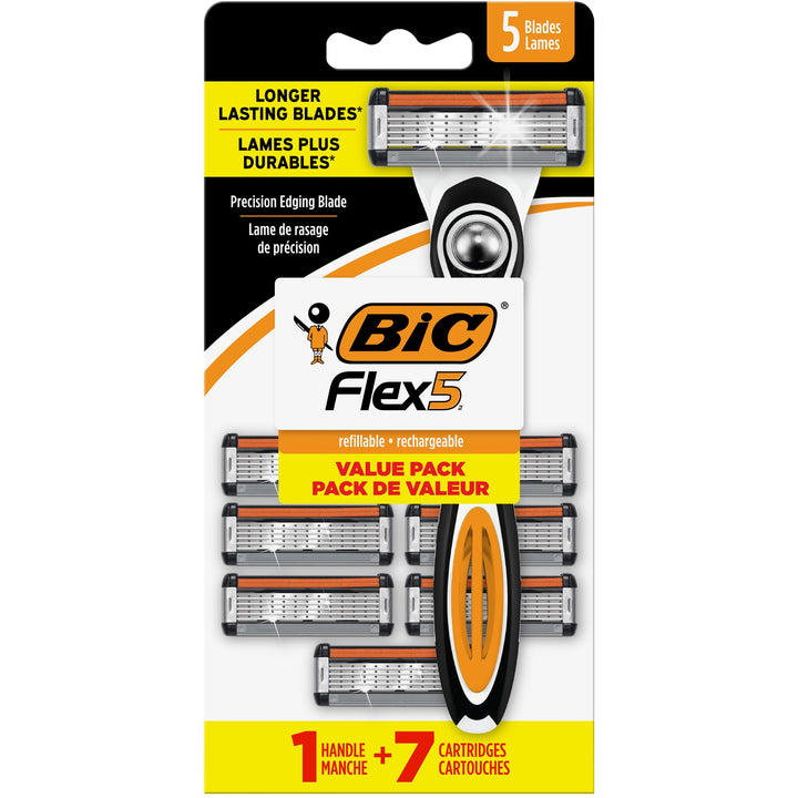 BIC Flex 5 Men's Refillable with 5 Blade Razors, 1 Handle and 7 Cartridges, Straight Razors for Men with Precision Edging, 7-Pack