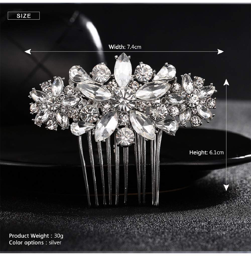 Hapibuy Crystal Wedding Hair Comb Side Bridal Hair Comb Flordal Headpiece Hair Jewelry For Brides And Bridesmaids (Sliver)