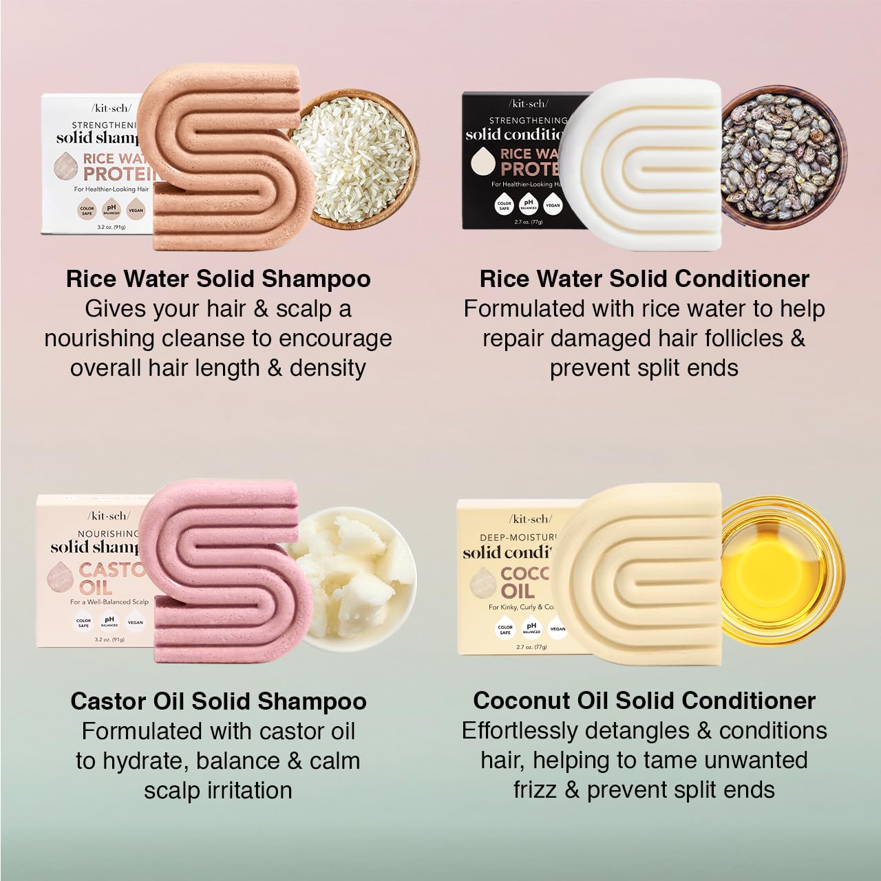 Kitsch 4pc Sampler Solid Shampoo and Conditioner Set - Rice Bar & Castor Oil Shampoo and Rice Bar & Coconut Oil Deep-Moisturizing Hair Conditioner, Zero Waste