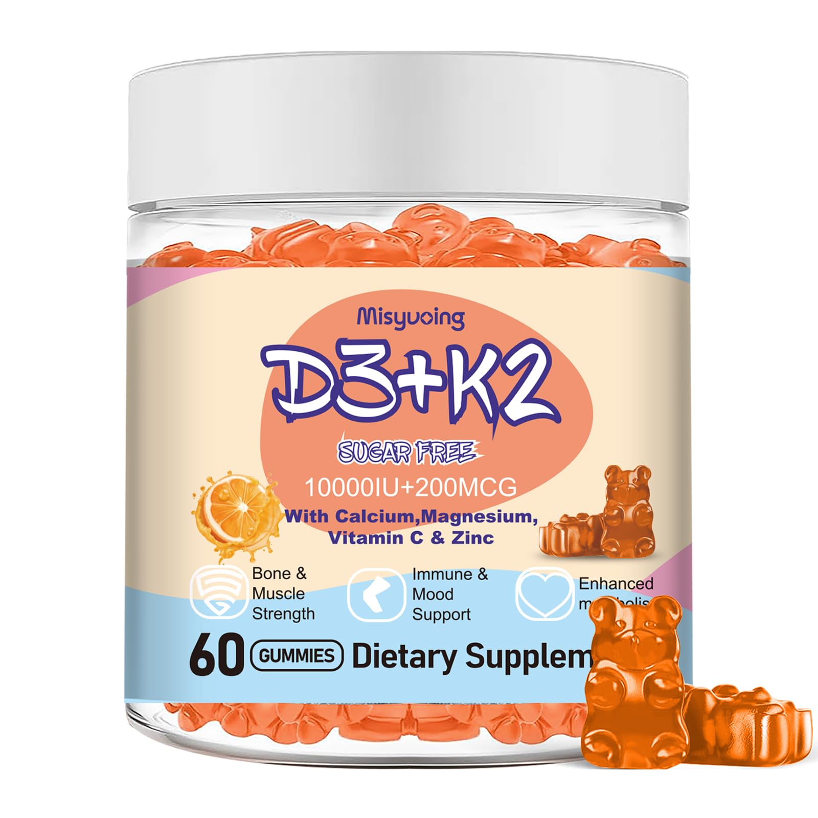 Misyvoing Vitamin D3 K2 Sugar-Free Gummies,Vitamin D3 10000 IU with K2 200mcg,VitaminC,Calcium,Magnesium,Zinc,Support for Bones,Joints,Muscles,Nerves,and Immune System