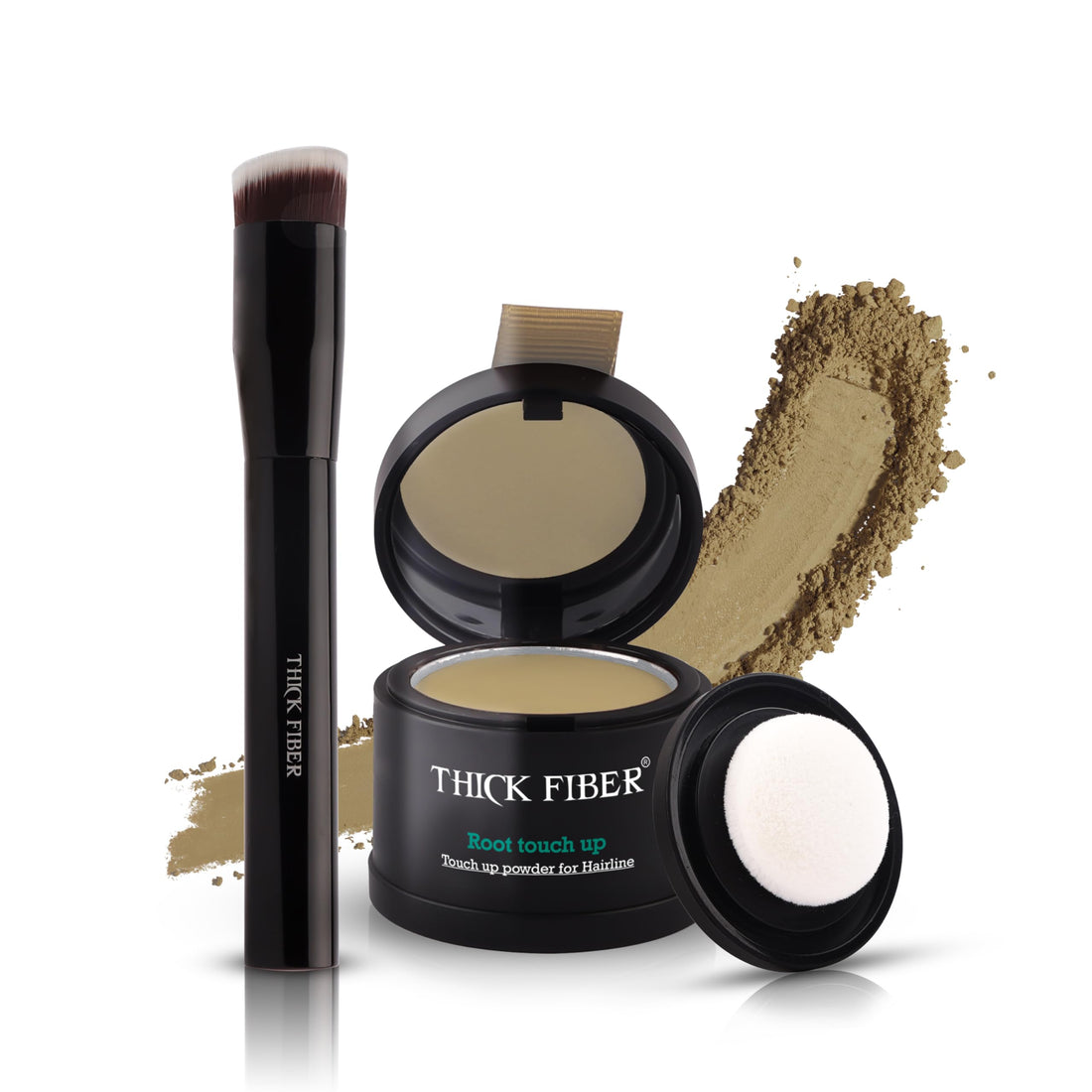 THICK FIBER Root Touch Up and Hairline Concealer - Water & Sweat Resistant Hair Loss Cover for Thinning Hair Women, with Powder and Brush (Medium Blonde)