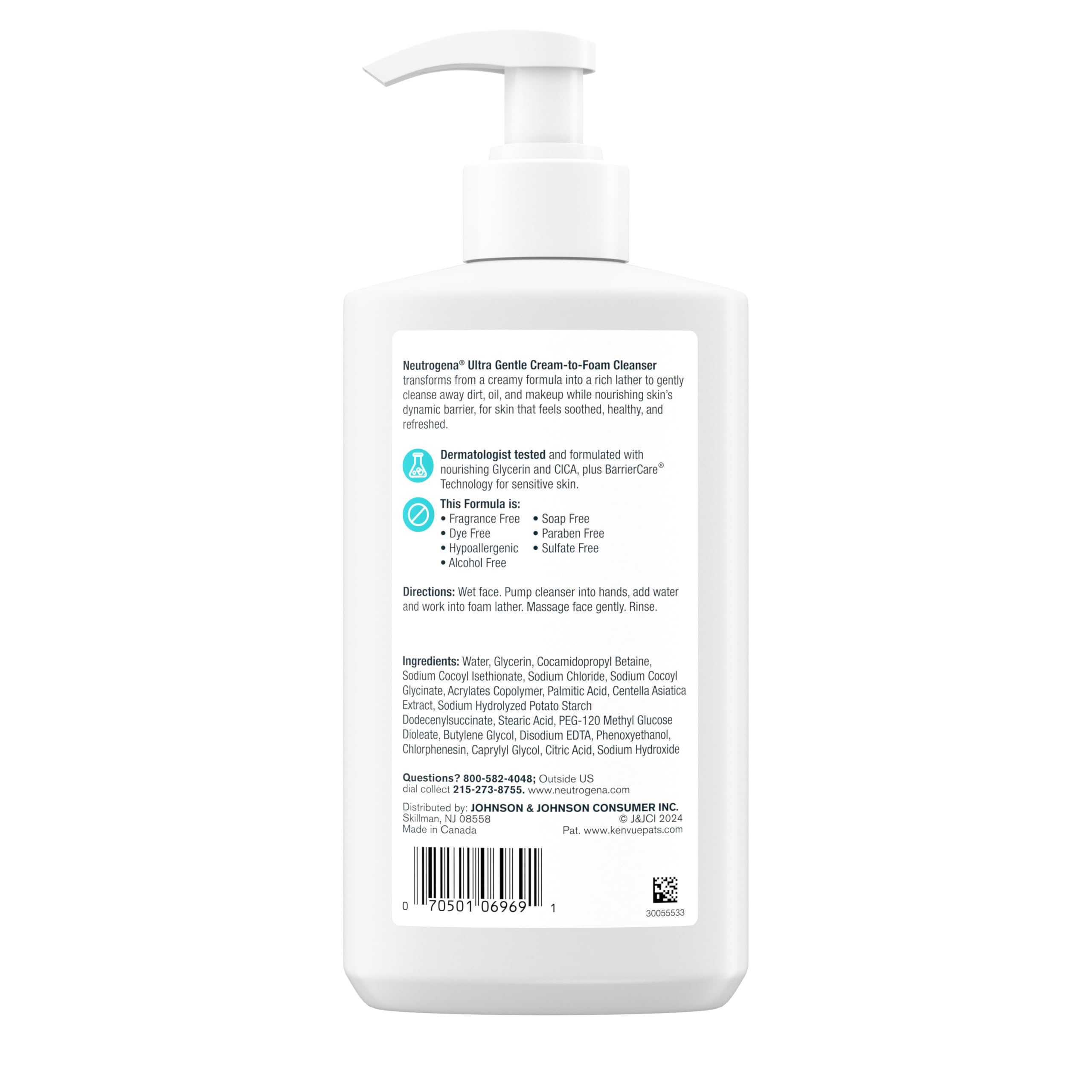 Neutrogena Ultra Gentle Cream-to-Foam Facial Cleanser, Transforms from a Creamy Cleanser to a Foaming Face Wash for Sensitive Skin, Fragrance-Free, Hypoallergenic, Non-Comedogenic, 12 oz