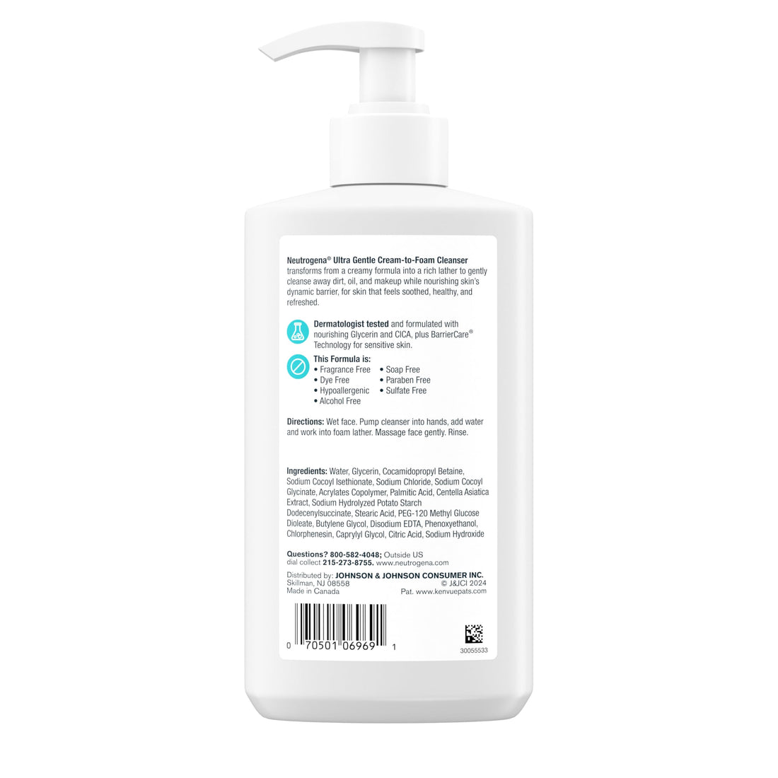 Neutrogena Ultra Gentle Cream-to-Foam Facial Cleanser, Transforms from a Creamy Cleanser to a Foaming Face Wash for Sensitive Skin, Fragrance-Free, Hypoallergenic, Non-Comedogenic, 12 oz