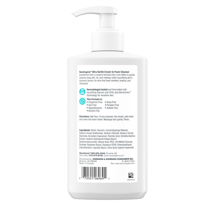 Neutrogena Ultra Gentle Cream-to-Foam Facial Cleanser, Transforms from a Creamy Cleanser to a Foaming Face Wash for Sensitive Skin, Fragrance-Free, Hypoallergenic, Non-Comedogenic, 12 oz