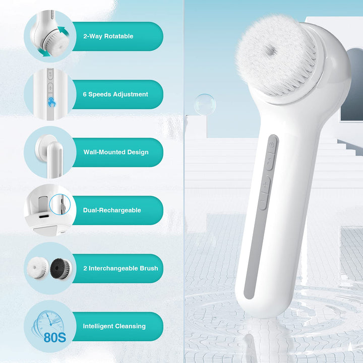 Electric Facial Cleansing Brush: Face Brushes for Cleansing and Exfoliating - Spin Face Cleansing Brush with Wall Holder - Rechargeable Face Scrubber with 6 Speeds Adjustment