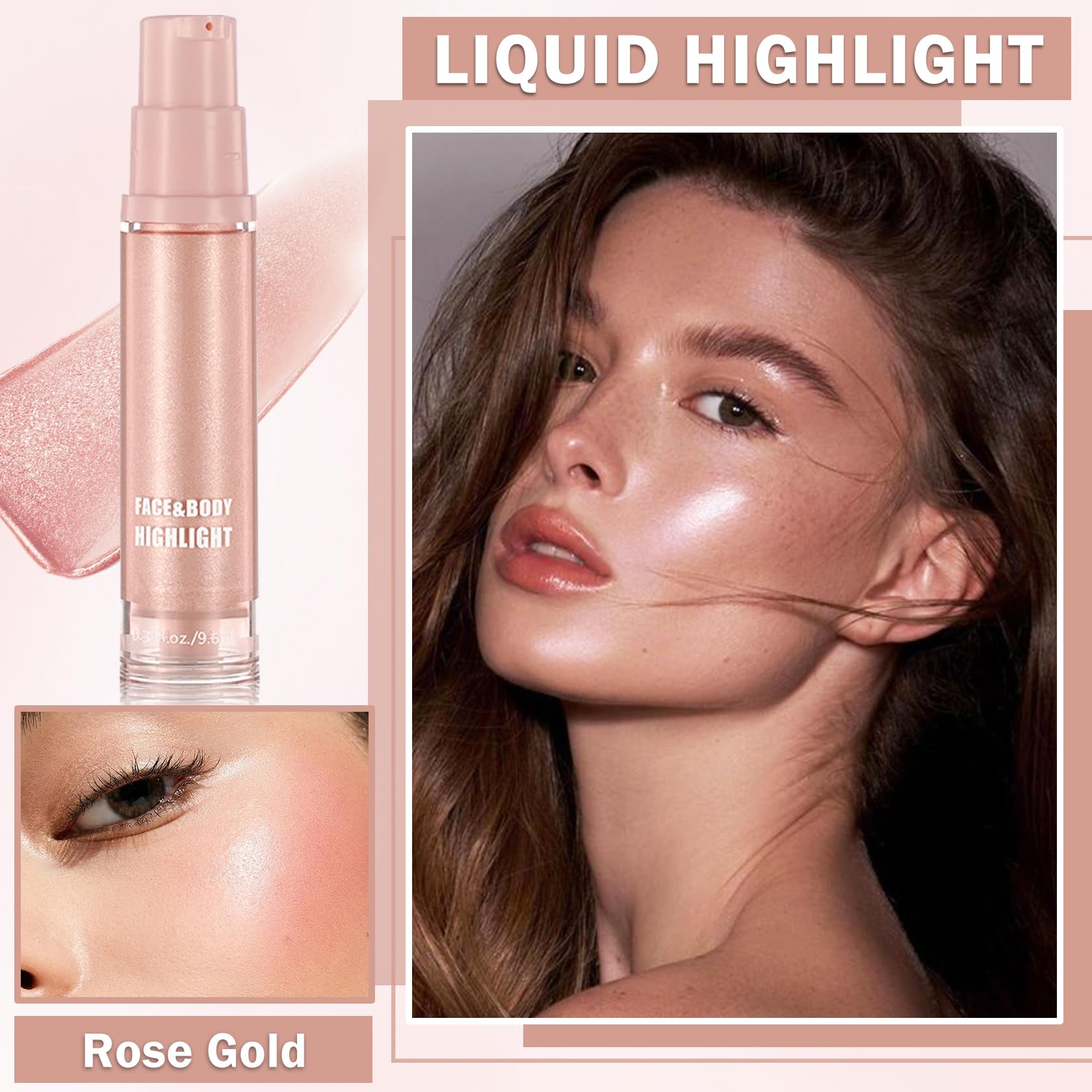 AIUEO Liquid Highlighter Makeup Glitter Contour Makeup Shimmer Oil for Face & Body,Long Lasting Highlighter Luminous Lotion,Multi-Use Body Highlighter Glitter Shimmer Oil-Rose Gold